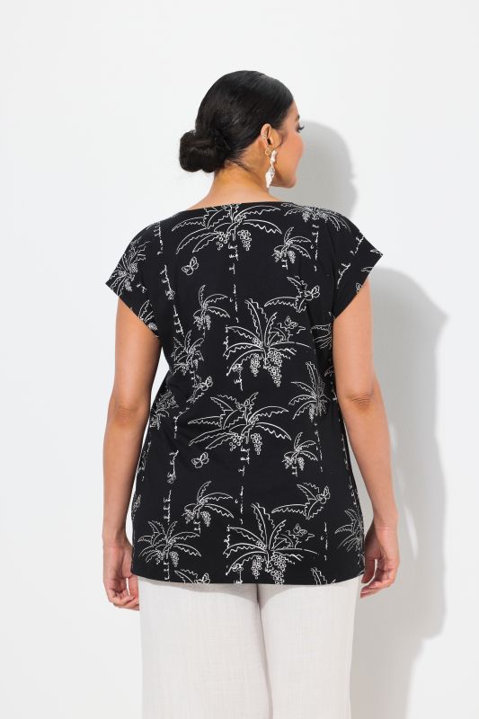 Palm Tree Print Split Neck Cap Sleeve Tee