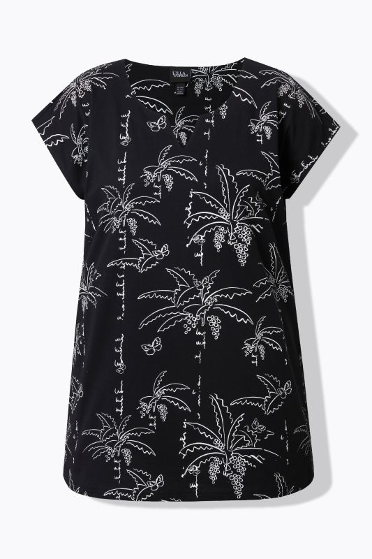 Palm Tree Print Split Neck Cap Sleeve Tee