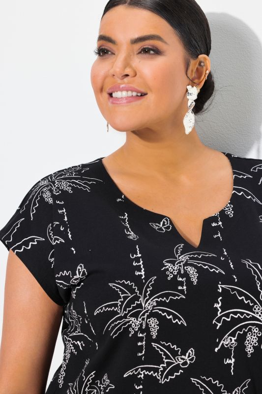 Palm Tree Print Split Neck Cap Sleeve Tee