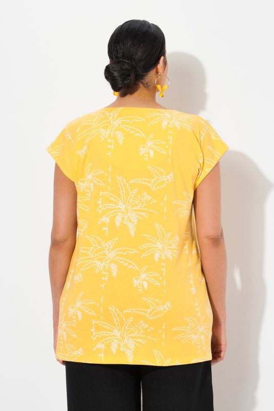 Palm Tree Print Split Neck Cap Sleeve Tee