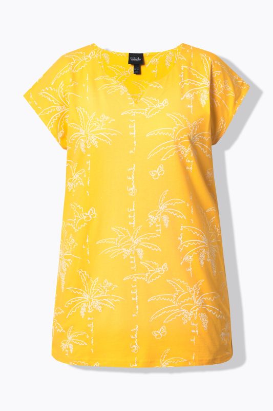 Palm Tree Print Split Neck Cap Sleeve Tee