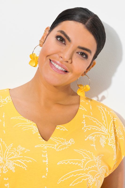 Palm Tree Print Split Neck Cap Sleeve Tee