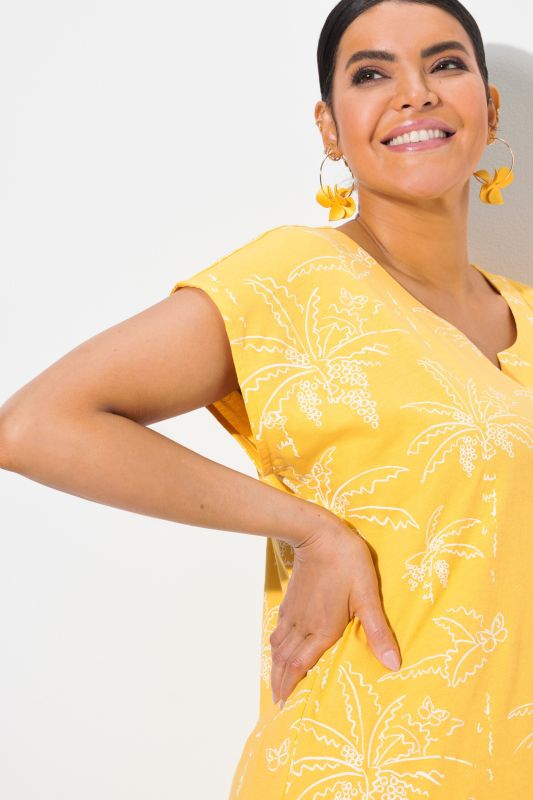 Palm Tree Print Split Neck Cap Sleeve Tee