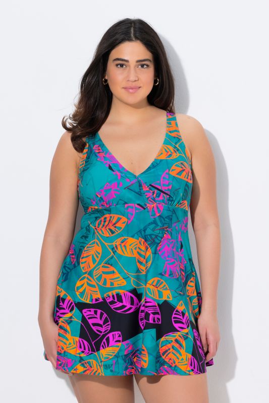 Vibrant Leaf Print Swim Dress