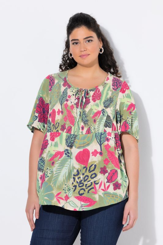 Smocked Leaf Print Short Sleeve Blouse