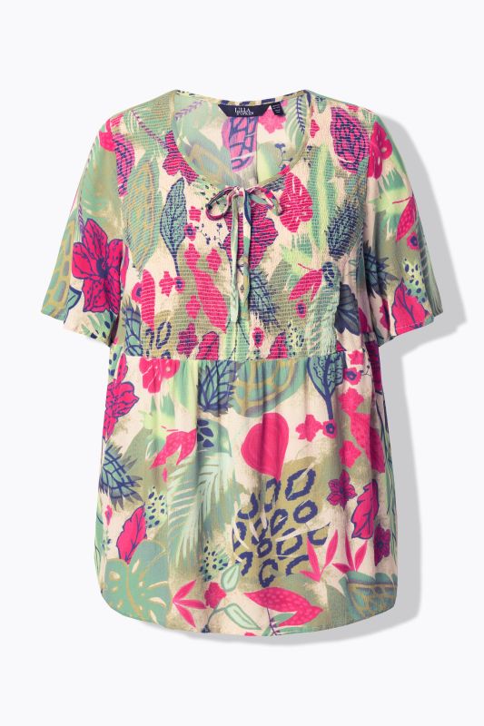 Smocked Leaf Print Short Sleeve Blouse