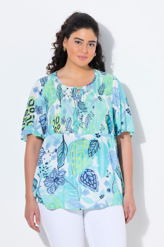 Smocked Leaf Print Short Sleeve Blouse
