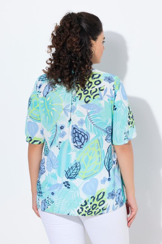 Smocked Leaf Print Short Sleeve Blouse
