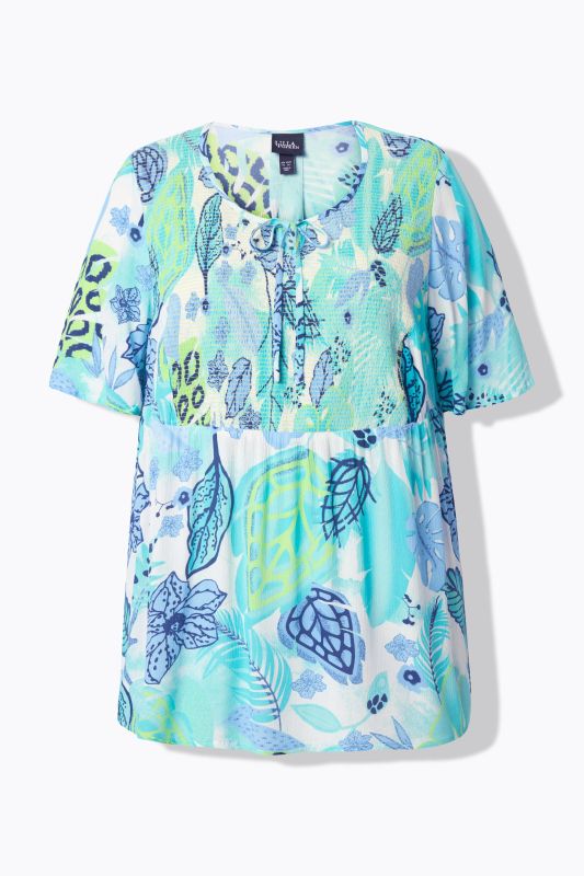 Smocked Leaf Print Short Sleeve Blouse