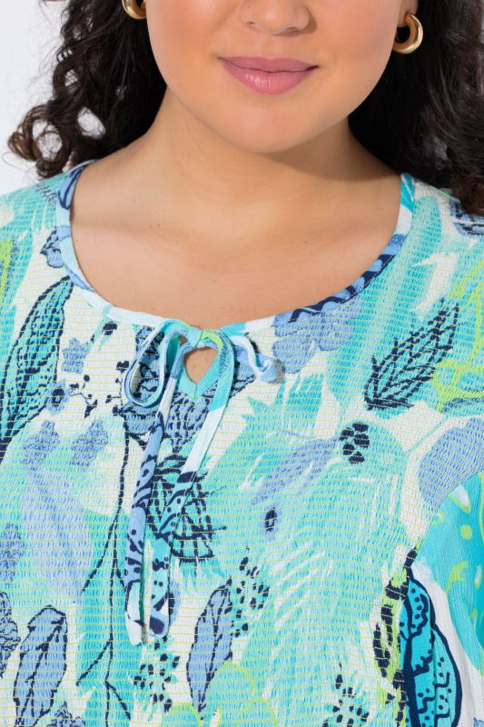 Smocked Leaf Print Short Sleeve Blouse
