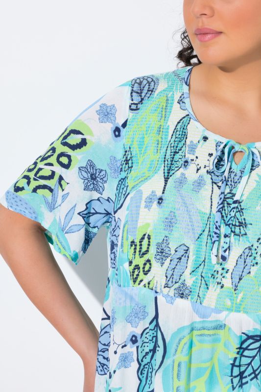 Smocked Leaf Print Short Sleeve Blouse