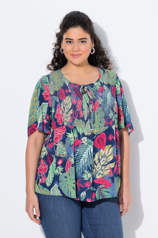 Smocked Leaf Print Short Sleeve Blouse