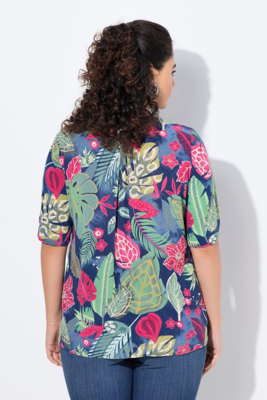 Smocked Leaf Print Short Sleeve Blouse
