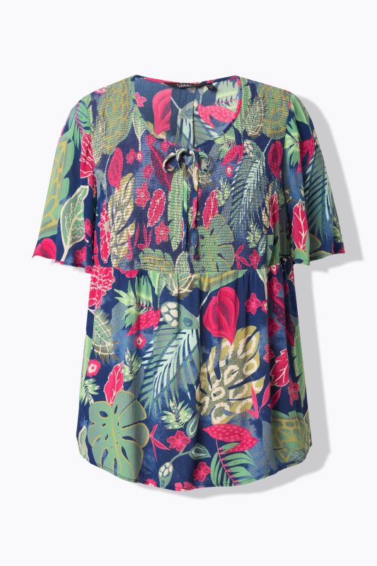 Smocked Leaf Print Short Sleeve Blouse
