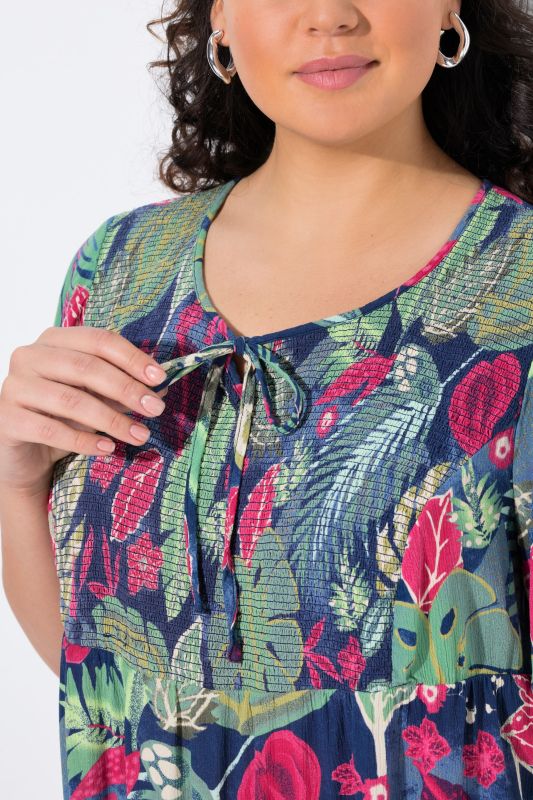 Smocked Leaf Print Short Sleeve Blouse
