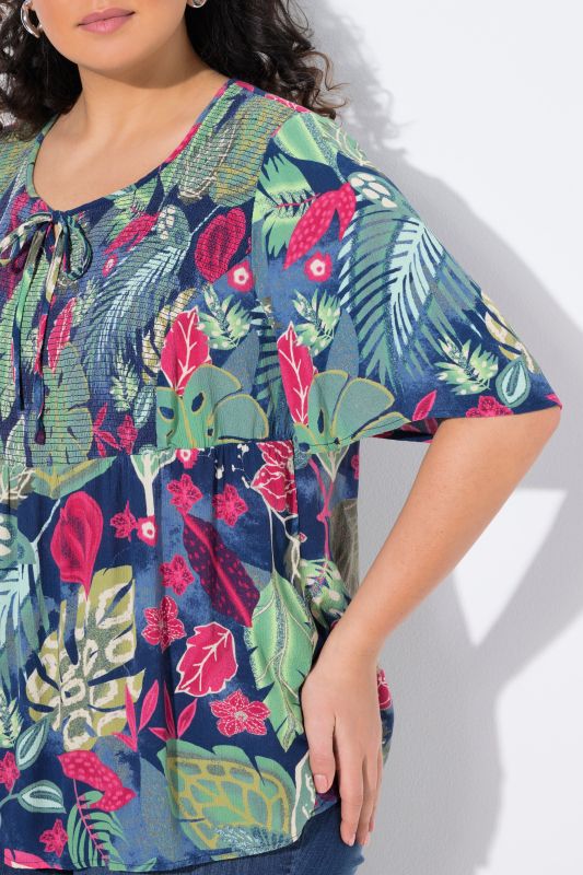Smocked Leaf Print Short Sleeve Blouse