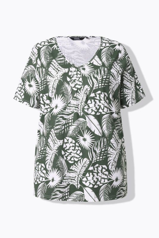 Feather Print Short Sleeve V-Neck Tee