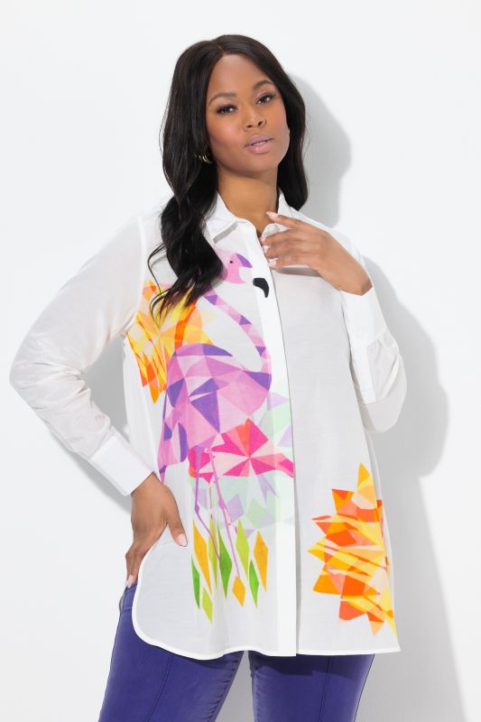 Flamingo Print Button Down Tunic Blouse