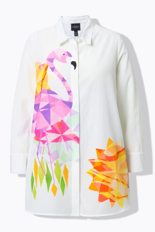 Flamingo Print Button Down Tunic Blouse