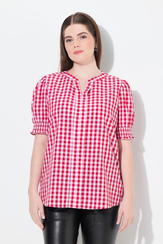 Puff Sleeve Split Neck Checked Blouse
