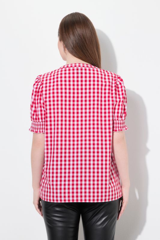 Puff Sleeve Split Neck Checked Blouse