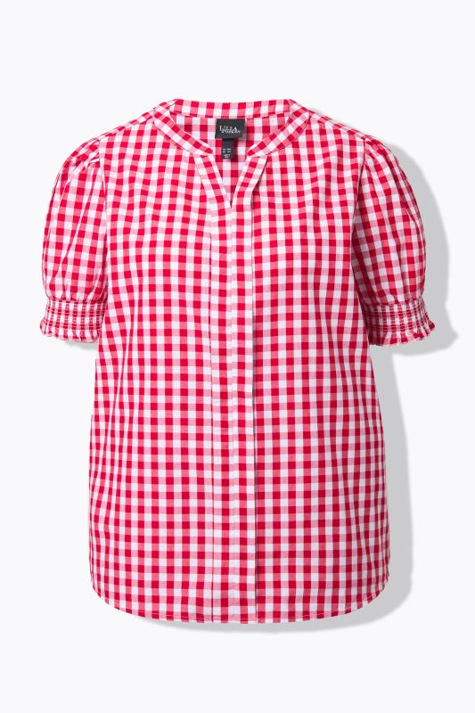 Puff Sleeve Split Neck Checked Blouse