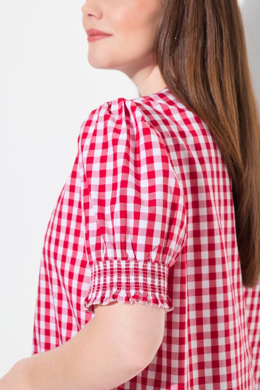 Puff Sleeve Split Neck Checked Blouse