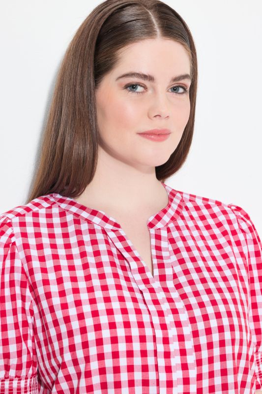 Puff Sleeve Split Neck Checked Blouse