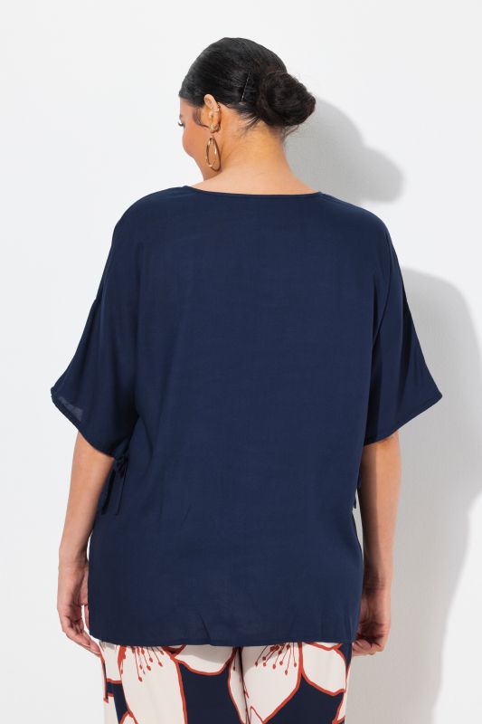 Draped Short Sleeve Drawstring Blouse