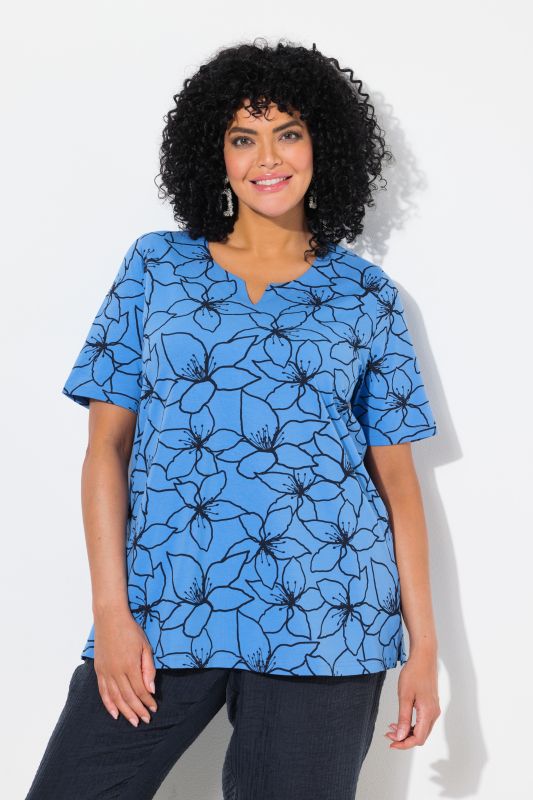 Flower Print Short Sleeve Split Neck Tee