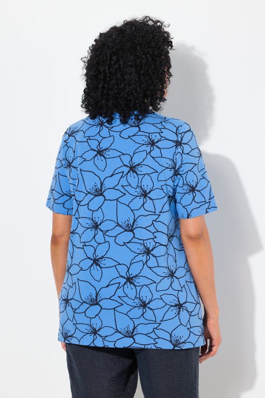 Flower Print Short Sleeve Split Neck Tee