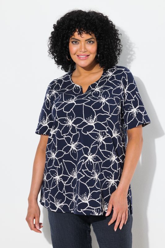 Flower Print Short Sleeve Split Neck Tee
