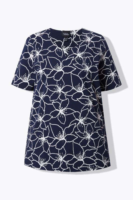 Flower Print Short Sleeve Split Neck Tee