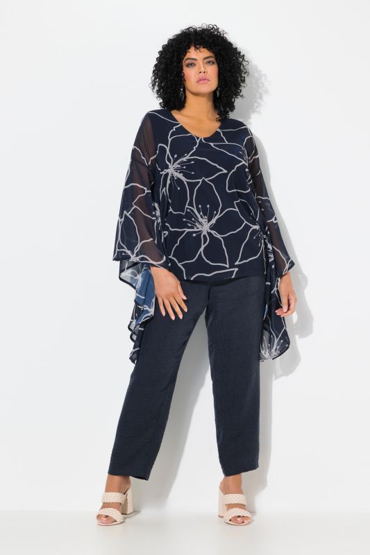 Flower Print Layered Wing Sleeve Chiffon Blouse