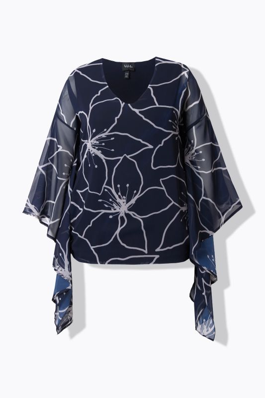 Flower Print Layered Wing Sleeve Chiffon Blouse