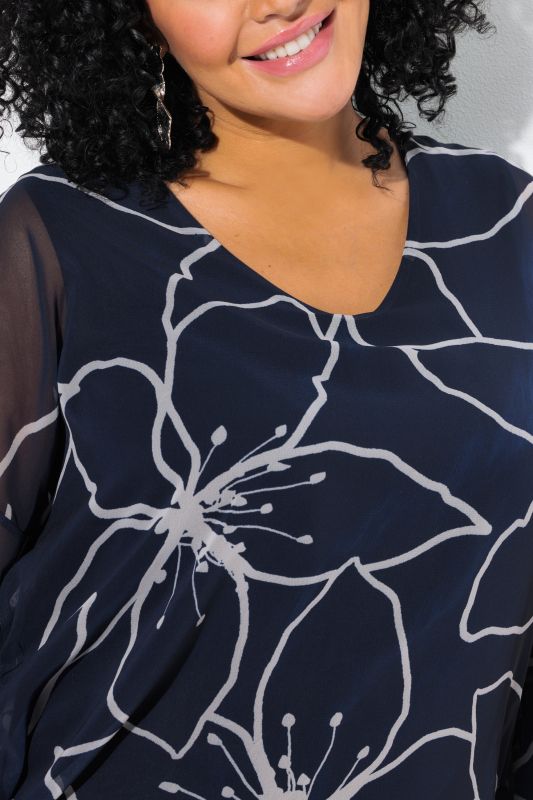 Flower Print Layered Wing Sleeve Chiffon Blouse