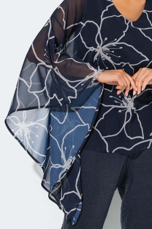 Flower Print Layered Wing Sleeve Chiffon Blouse