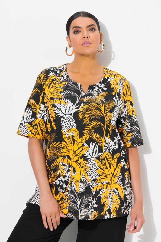 Tropical Foliage Short Sleeve Split Neck Tee