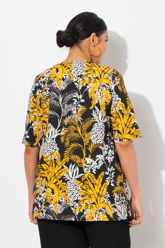 Tropical Foliage Short Sleeve Split Neck Tee