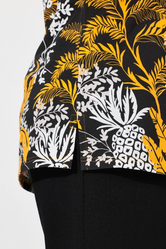 Tropical Foliage Short Sleeve Split Neck Tee