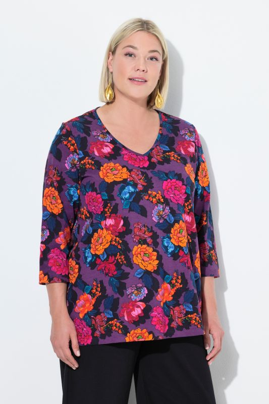 Vibrant Floral Empire Knit 3/4 Sleeve Tee