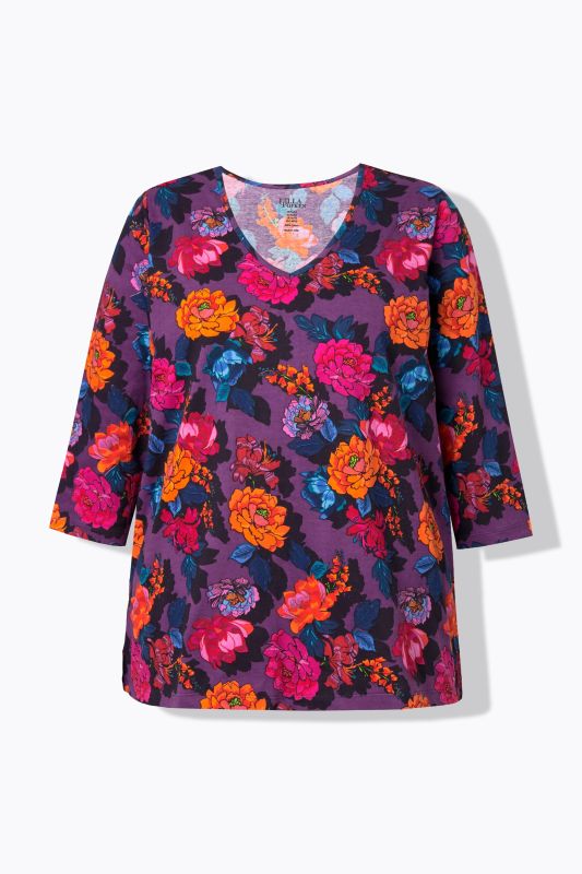 Vibrant Floral Empire Knit 3/4 Sleeve Tee