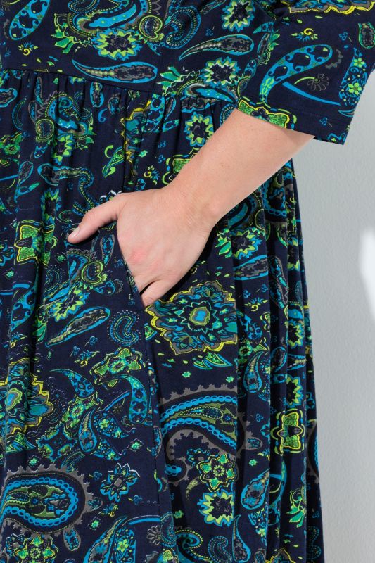 Paisley Empire Knit A-Line 3/4 Sleeve Pocket Dress
