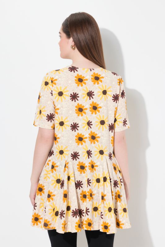 Eco Cotton Godet Pleated Sunflower Print Tunic
