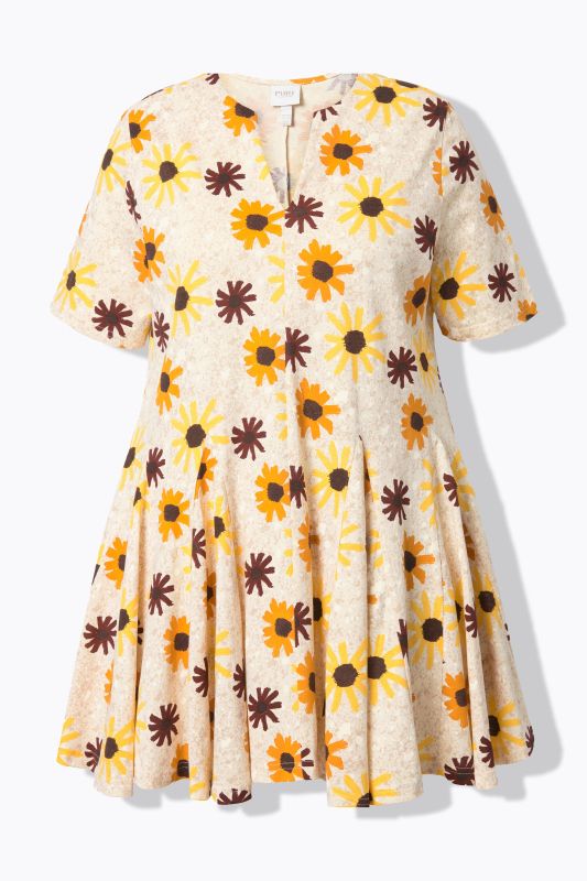 Eco Cotton Godet Pleated Sunflower Print Tunic