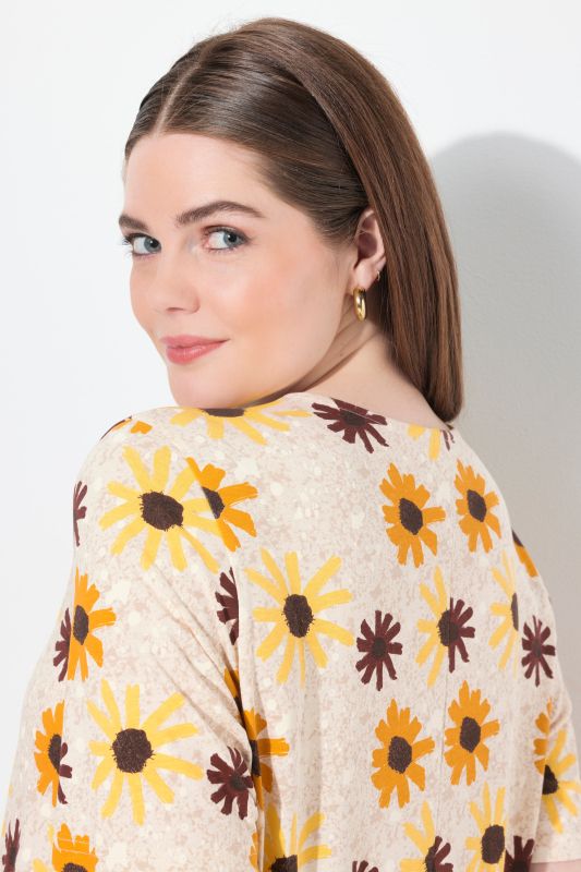 Eco Cotton Godet Pleated Sunflower Print Tunic