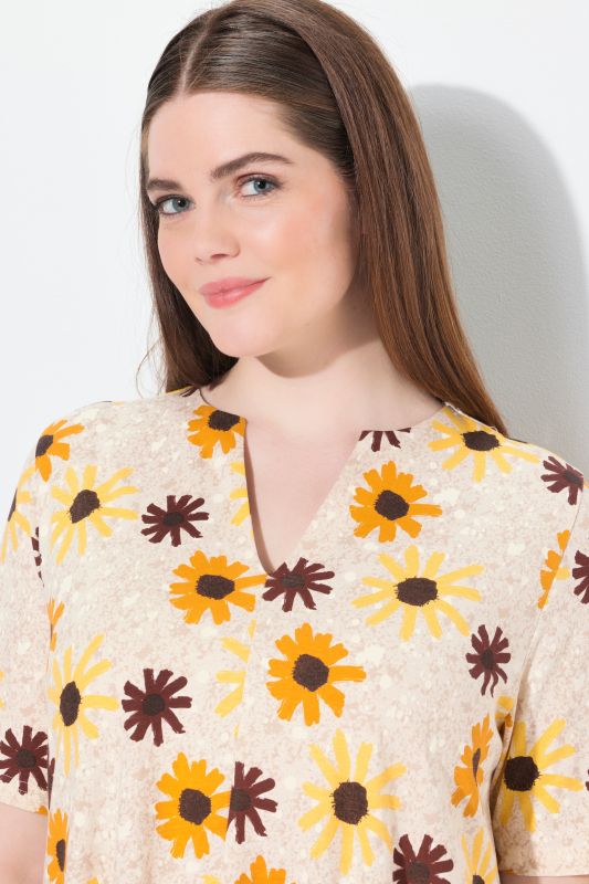 Eco Cotton Godet Pleated Sunflower Print Tunic