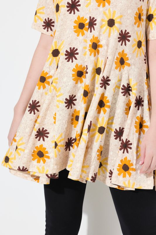 Eco Cotton Godet Pleated Sunflower Print Tunic