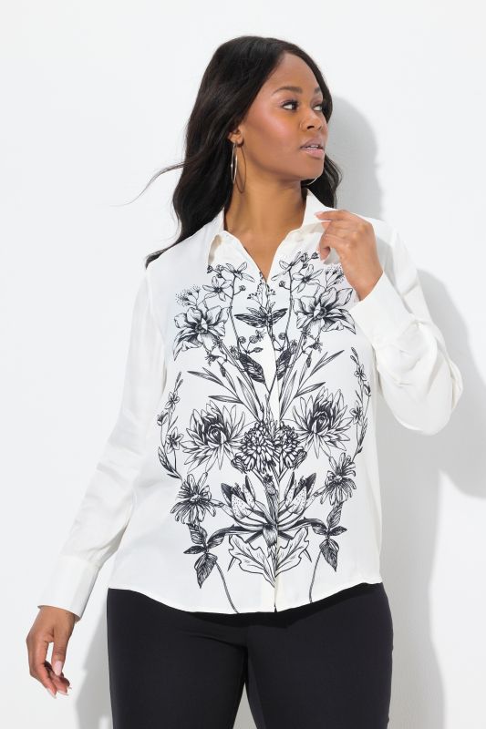 Botanical Print Long Sleeve Button Down Satin Blouse