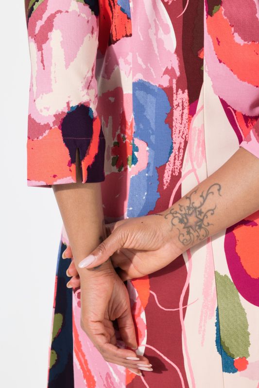 Abstract Print 3/4 Sleeve Goblet Collar Dress